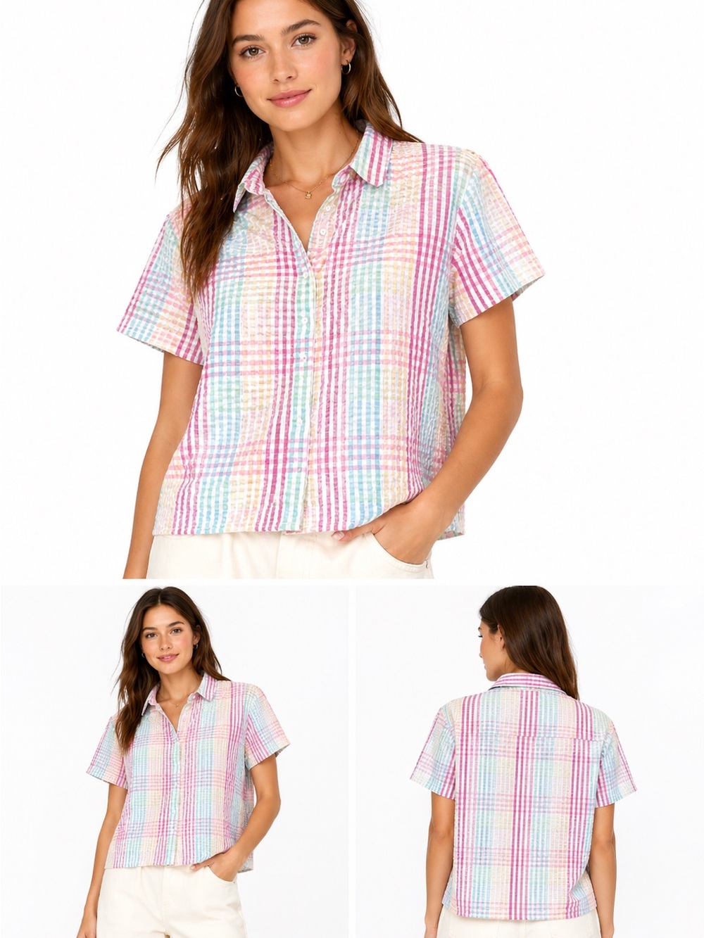 L.L.Bean Pastel Plaid Shirt Seersucker Cottagecore Preppy Summer Top Womens M